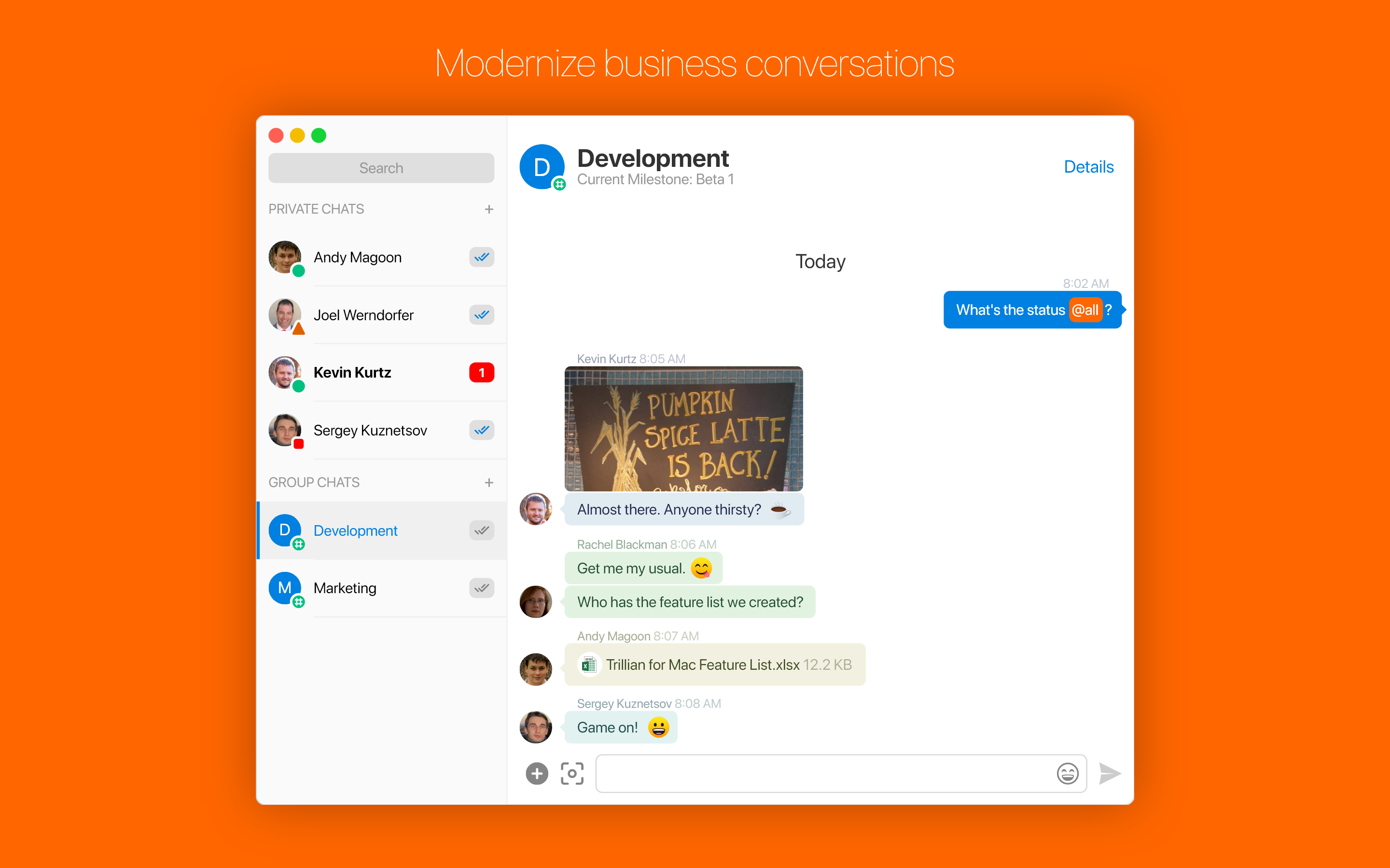 Picture of a Workadi message window showing a group chat in a business setting