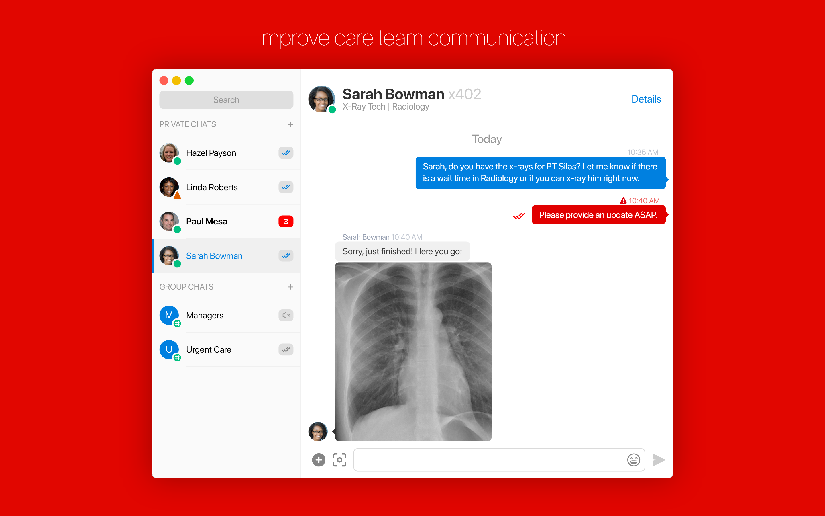 Picture of a Workadi message window showing a group chat in a healthcare setting