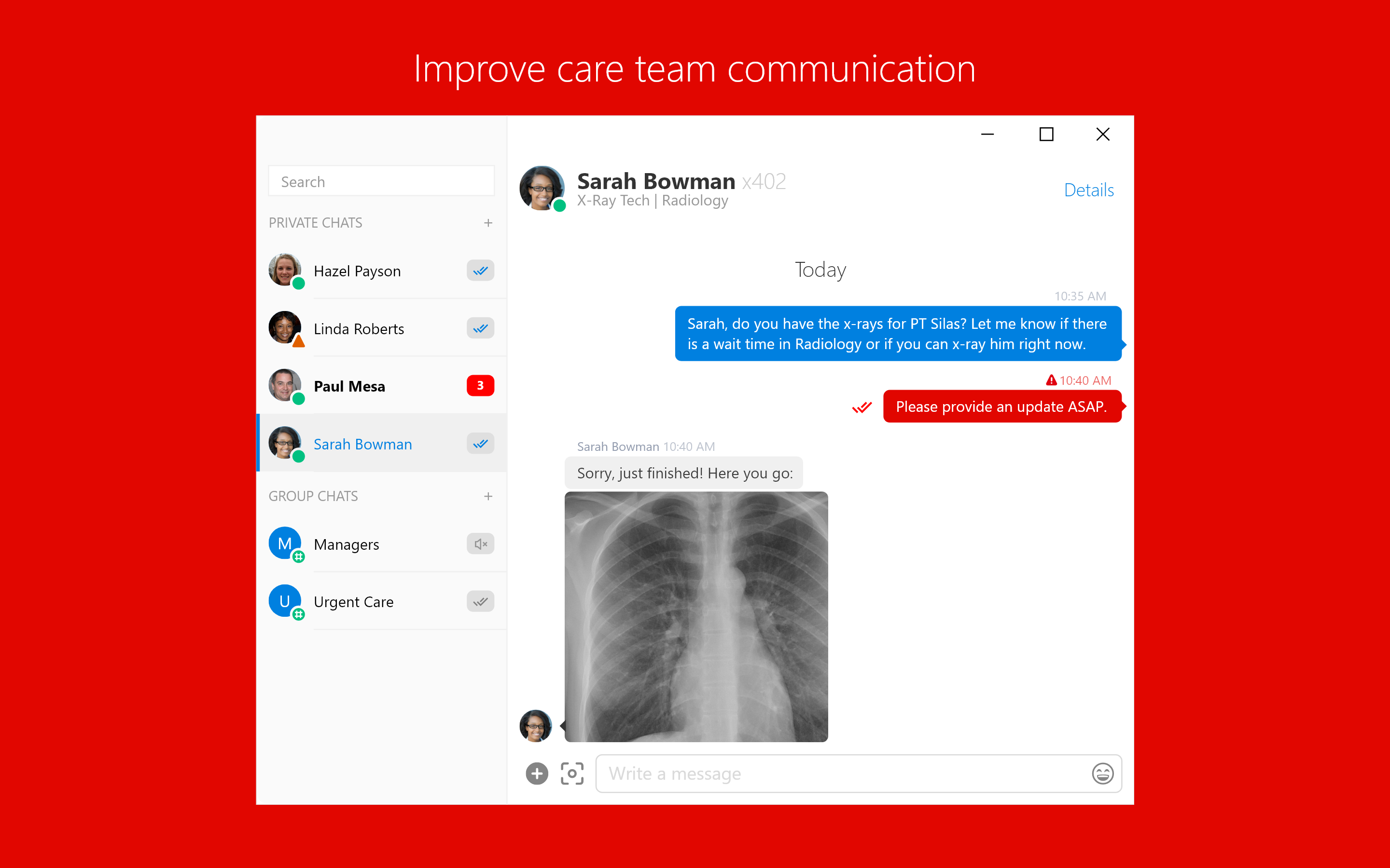 Picture of a Workadi message window showing a group chat in a healthcare setting